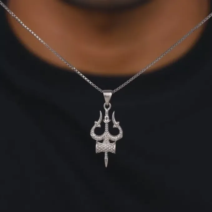 Silver Trishula Pendant with Box Chain For Him