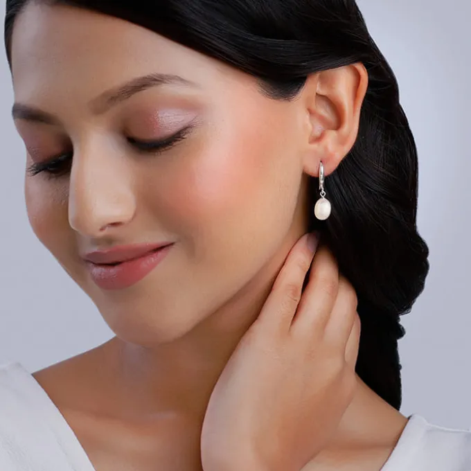 Silver White Pearl Drop Earrings