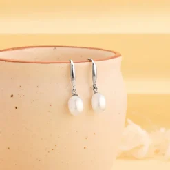 Silver White Pearl Drop Earrings