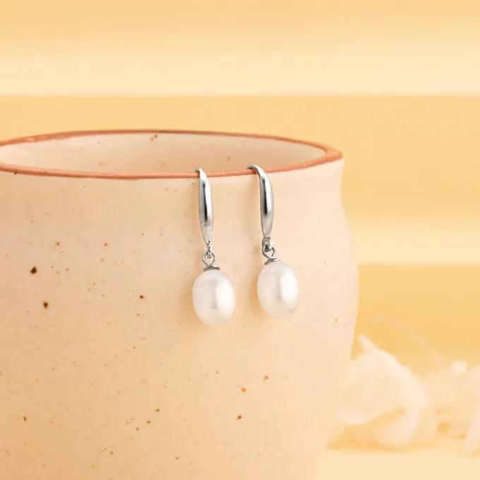 Silver White Pearl Drop Earrings