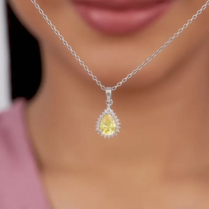 Silver Yellow Drop Pendant With Link Chain