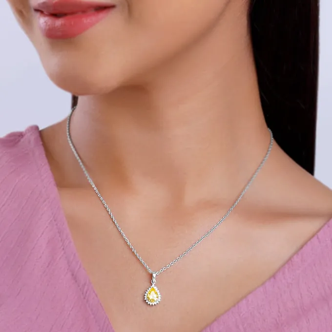 Silver Yellow Drop Pendant With Link Chain