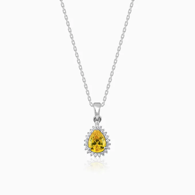 Silver Yellow Drop Pendant With Link Chain