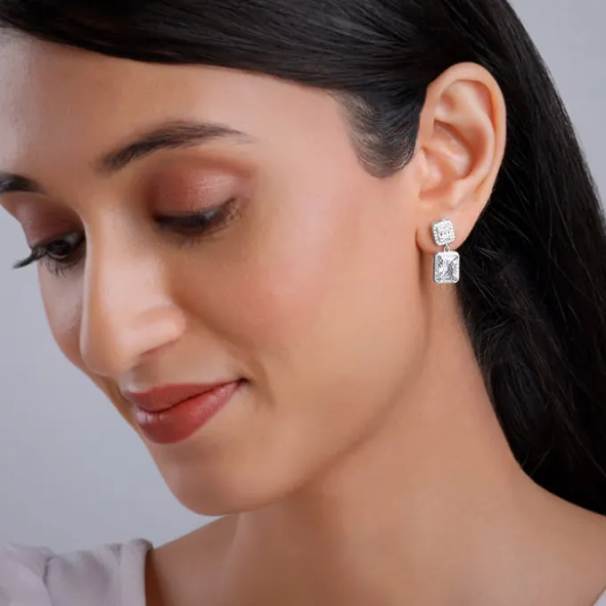 Silver Zircon Bold Baguette Earrings