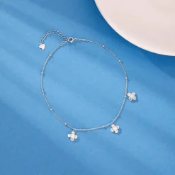 Silver Zircon Clover Charm Anklet