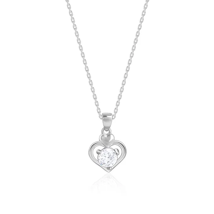Silver Zircon Dual Heart Pendant with Link Chain