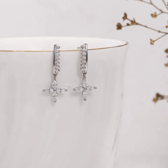Silver Zircon Floret Drop Earrings