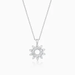 Sliver Sparkling Floral Pendant With Link Chain